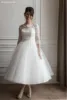 2022 été une ligne robes de mariée 3/4 à manches longues Tulle thé longueur pas cher robes de mariée ► Photo 2/6