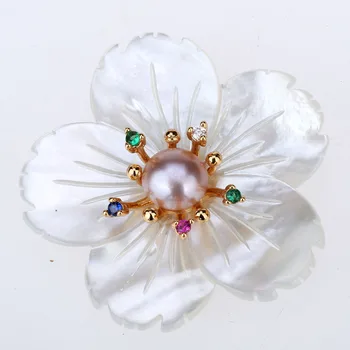 

Yacq Womens Freshwater Pearl Cubic Zirconia CZ White Shell Flower Magnetic Brooch Pin Luxury Handmade Jewelry Christmas Gifts