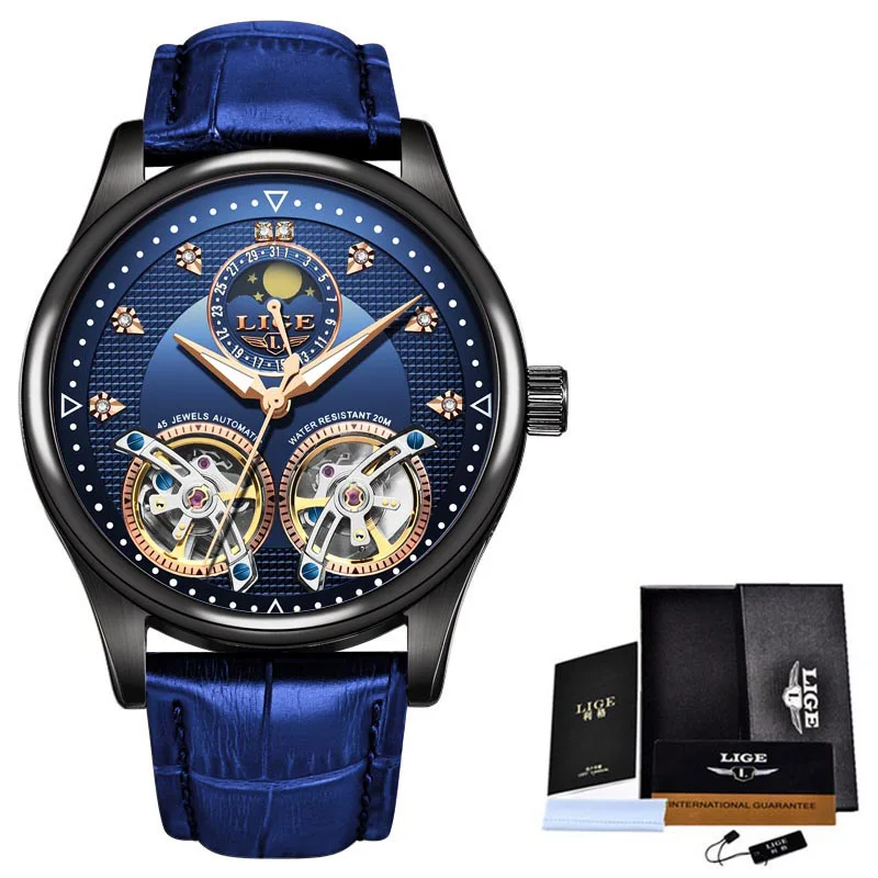 Reloj LIGE, двойной Tourbillon, швейцарские мужские часы, автоматические часы для мужчин, модные механические наручные часы с кожаным ремешком - Цвет: Black blue