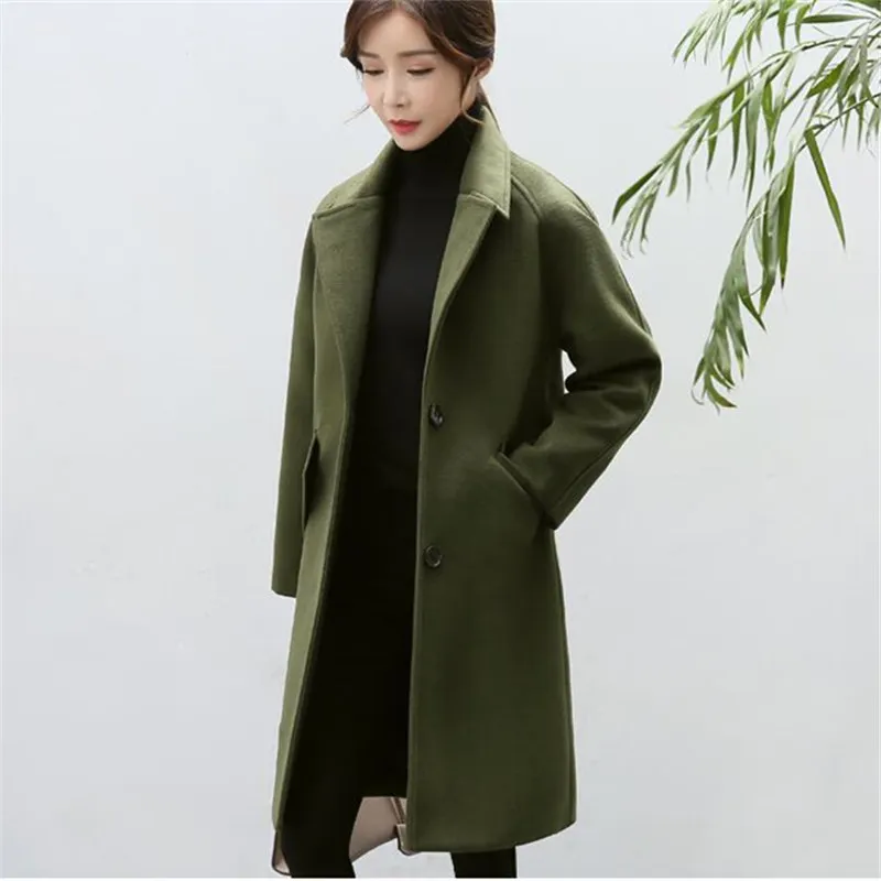 ArmyGreen Зимнее длинное пальто, женская шерстяная куртка, новая корейская мода размера плюс, черное теплое пальто из искусственного шерсти, осенние куртки для женщин, пальто - Цвет: ArmyGreen