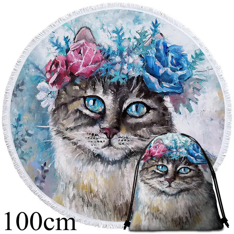 Towel 100cm-Bag BeddingOutlet, цветочное, кошачье, круглое полотенце, цветочный венок, Большое пляжное полотенце, картина маслом, летнее одеяло, животное, 3D принт, Плайя тоалла - Цвет: Towel 100cm-Bag