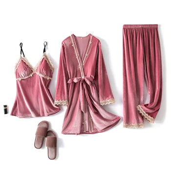 

Autumn Spring 3 Pieces Set Silk Elegant Women Pajamas stripe Shorts Long Sleeve Tops Elastic Waist Pants Full Lounge Sleepwear