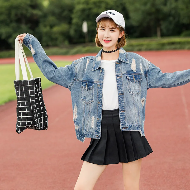 

2019 Spring And Autumn Denim Jacket Applique Lettered with Holes Fashion And Personality University Style Couples Cowboy Shirt