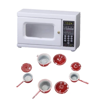 

9 Pcs 1:12 Dollhouse Miniature Cookware Pot Pan SET for Doll House (White & Red)