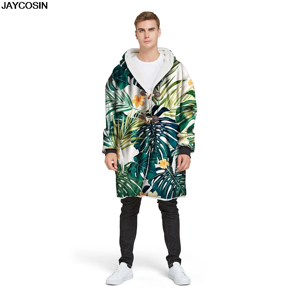 KLV Jackets Mens Winter Long Hooded Horn Buckle Plus Velvet Thick 3D Printed Coat hot sale bomber jacket chaqueta hombre 70