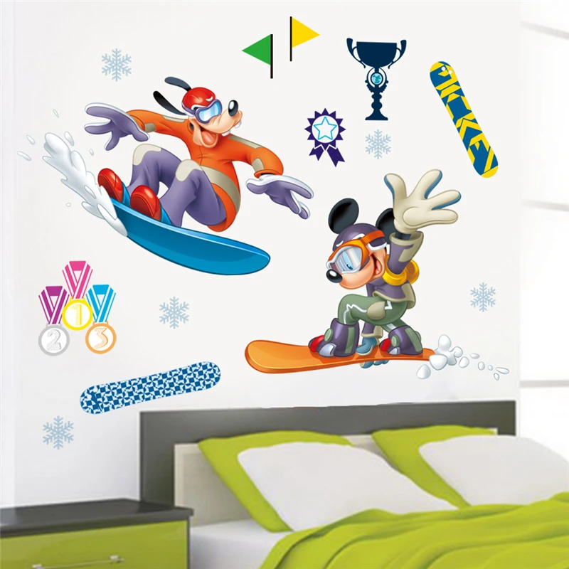 Дисней Микки Гуфи лыжный конкурс настенные наклейки для детской комнаты спальни домашний декор мультфильм наклейки на стены ПВХ Фреска художественные плакаты