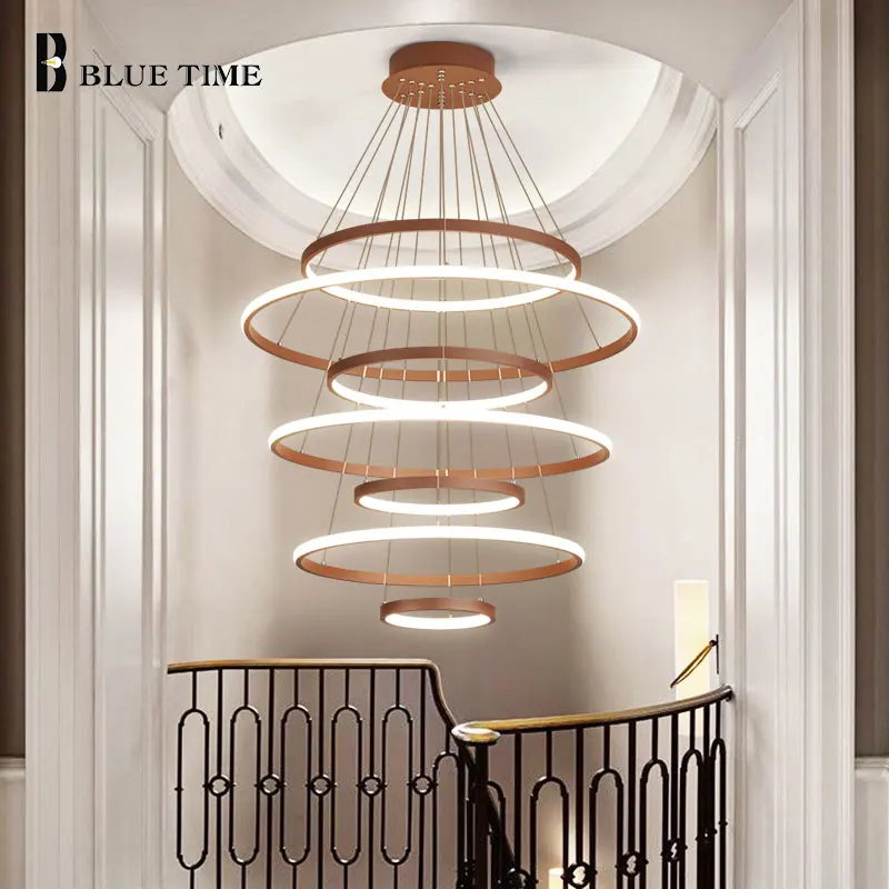 Современная светодиодная Люстра для фойе, гостиной, столовой, кухни, блеск, 7 круглых колец, Светодиодная потолочная люстра, освещение, черный и белый цвета