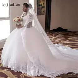 Белое Бальное Платье, Свадебные Платья 2019, украшенные бисером, Великолепное Кружевное платье с v-образным вырезом и Королевским шлейфом
