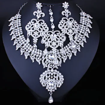 

FARLENAFARLENA CLASSIC INDIAN BRIDAL NECKLACE EARRINGS AND FRONTLET SET LUXURY BRIDAL WEDDING CRYSTAL RHINESTONES JEWELRY SETS