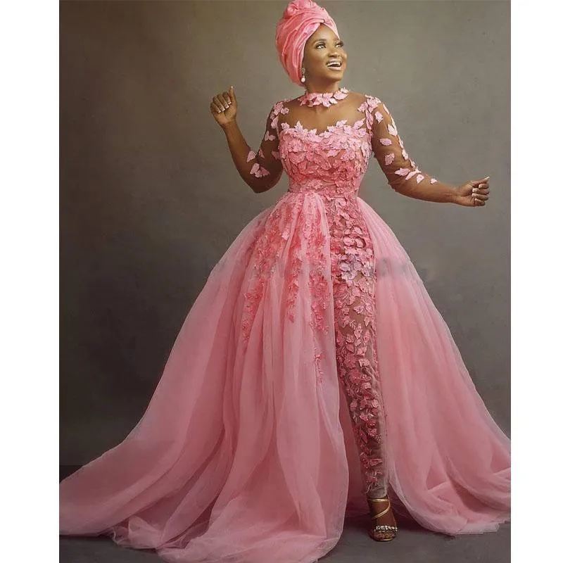 Pink-Nigerian-African-Wedding-Jumpsuit-With-Detachable-Train-2020-Sheer-Jewel-Neck-3D-Floral-Lace-Tulle