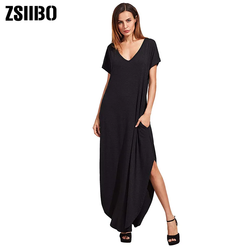 

Zsiibo Amazon Hot Selling Europe And America Spring And Summer Loose-Fit Casual V-neck Short Sleeve Side Slit Beach WOMEN'S Dres