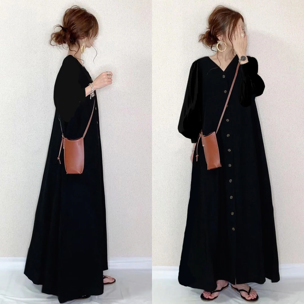 

2020 New Autumn Korean Style Black Casual Women's Dress, Simple Button Long Sleeve Loose Dress Vestidos