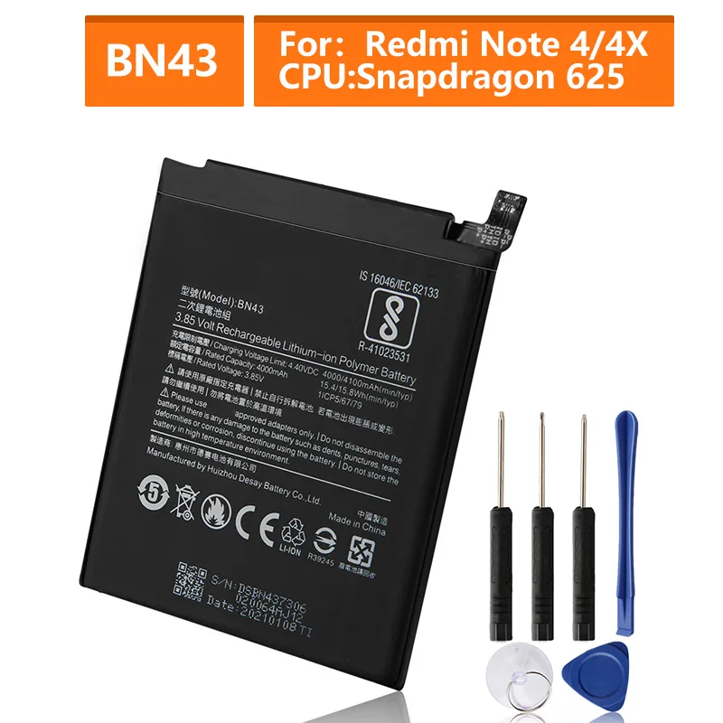 Сменная батарея для Xiaomi Redmi Note 4X Redrice стандартная версия BN43 Note4 4 глобальная Snapdragon