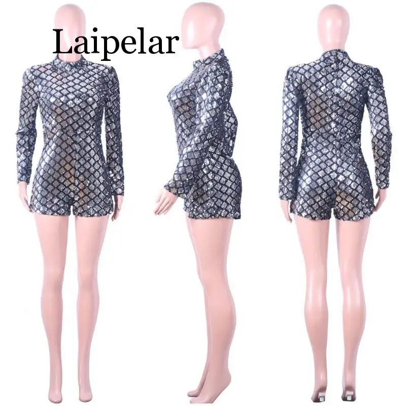 Laipelar, женский комбинезон с блестками, шорты, комбинезон с длинным рукавом,, Женская водолазка, сексуальная, для клуба, для вечеринки, комбинезон, короткий, Femme B