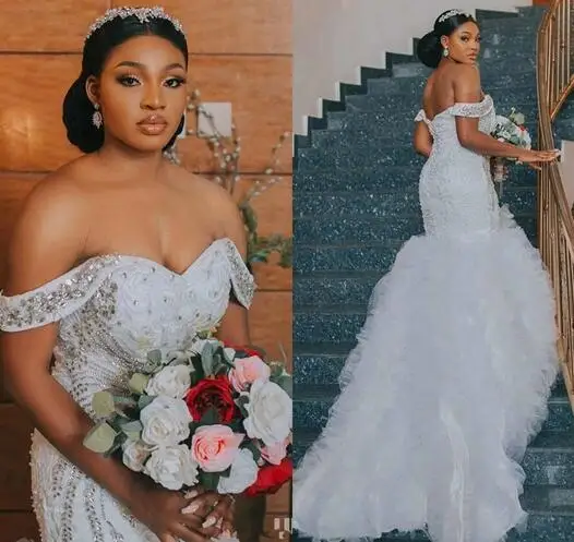 

Plus Size Mermaid Wedding Dresses 2021 Luxury Crystal Beaded Ruffles Chapel Train Garden Wedding Gowns Custom Made Bridal Dress