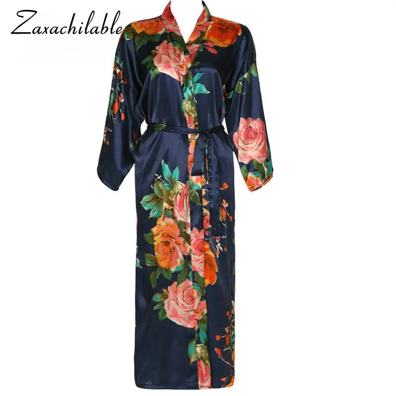

Zaxachilable Long Floral Robe Kimono Bridal Pure Satin Silk Bathrobe Wedding Robes for Bridesmaids and Bride Sleepwear Flower