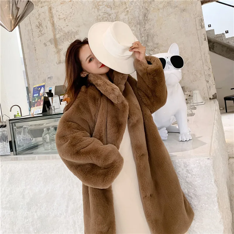 Женское зимнее модное длинное пальто из искусственного меха, однотонное свободное теплое пальто с отложным воротником, Мягкое повседневное пальто с длинным рукавом и карманами