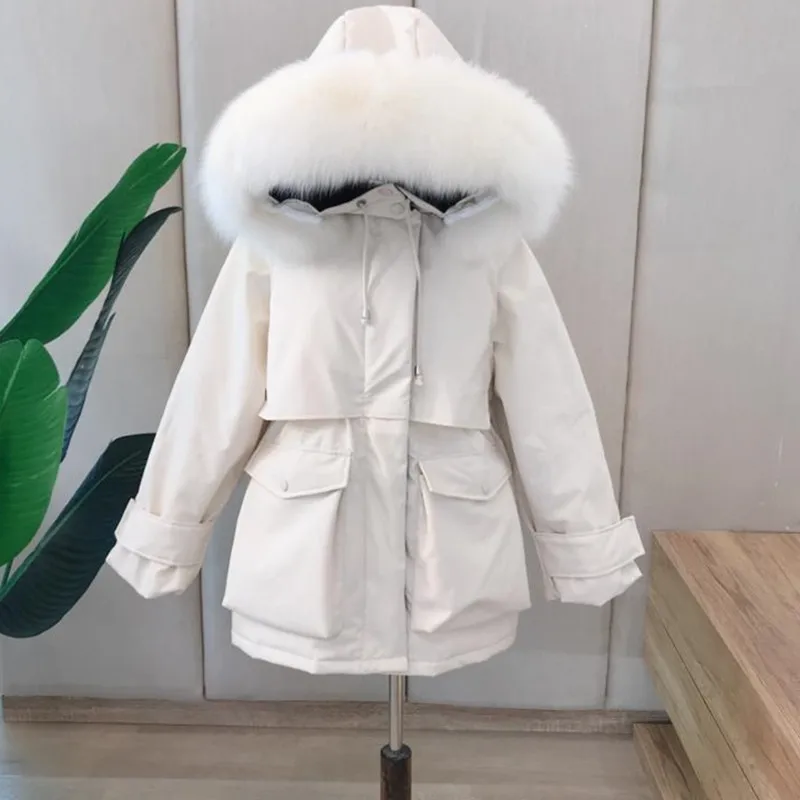 Новые зимние парки съемный для женщин лисий мех куртка с капюшоном пальто Высококачественная теплая утепленная верхняя одежда короткая Повседневная Женская куртка-пуховик