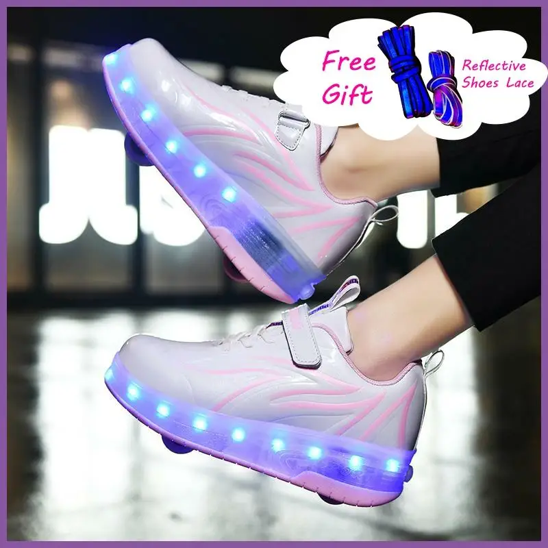 

2020 New Kids Knitting LED Shoe Double Removable Wheels USB Charging Boys Girls Glowing Roller Adjustable Lighting Skate Sneaker