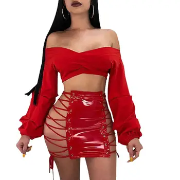 

Adogirl Sexy Gromment PU Lace Up Mini Skirts Women Vintage Bandage Hollow Out Bodycon Women Skirts Skinny Club Party Skirts