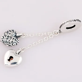 

Original Vintage Pattern Lock And Heart Chained Pendant Beads Fit 925 Sterling Silver Bead Charm Bracelet Diy Jewelry