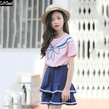 

Cultiseed Big Girls Summer Dress Set 2020 New Fashion Big Children Girl Short Sleeve T-Shirt+Ruffles Casual Dress 2pc Dress Set