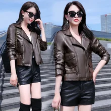 Fashionable Simple Elegant Waist Slimming Casual Slim Fit All-Match Leather Coat Tailored Collar Locomotive Style Autumn 2021