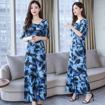 

2020 New Fashion Summer Chiffon Jumpsuit Women High Waist Wide Leg Pants Temperament Jumpsuit Womens Clothes Blue
