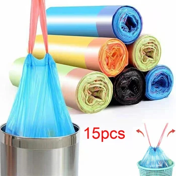 

15 Pcs/Roll Portable Biodegradable Garbage Trash Bag Home Kitchen Dustbin Bin Drawstring Eco-friendly Rubbish Bags Clean Up