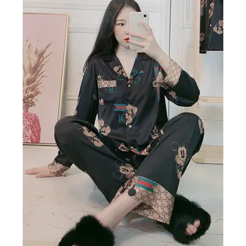 

2020 Ins Mickey Mouse Pajamas Set Stain Pyjamas Female Summer Cartoon Faux Silk Long Sleeves 2-Piece Suit Sleepwear Pijama Mujer