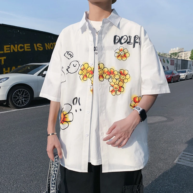 

Plus Size White Shirt Men Casual Fashion 2020 Summer Short Sleeve Men Floral Shirts Loose All Match Cotton Blouse Homme 5XL-M