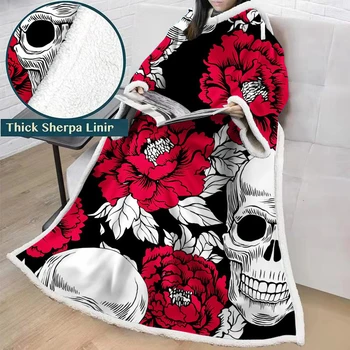 

Winter Thicken Fleece Blanket with Sleeves Skull Print Home Office Nap Cover Blanket Travel Camping Warm Blanket for Adults