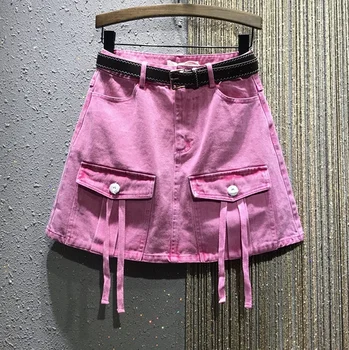 

Rose Pink Denim Skirt Woman 2020 Spring New Candy-Colored Casual Workwear Large Pocket A- Line Jean Skirt Ladies Mini Skirts