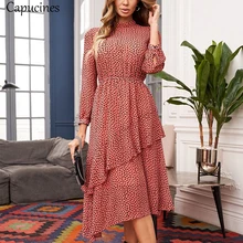 Capucines Sexy capas volantes recorte impreso vestido de gasa otoño inferior cerradura posterior Chic vestidos largos Boho para las mujeres(China)