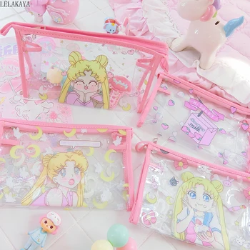 

1PCS Sailor Moon Anime Action Figure Transparent Waterproof Zipper Pouch Corner Bio Twin Stars Travel Cosmetic Bag Makeup Tool