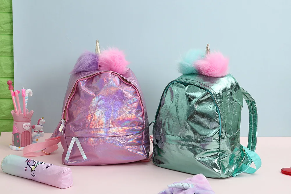 Рюкзак для девочек с единорогом, Детский рюкзак, детские школьные сумки для девочек, сумка через плечо, ПУ, лазер, мультяшный милый рюкзак, Mochila Feminina