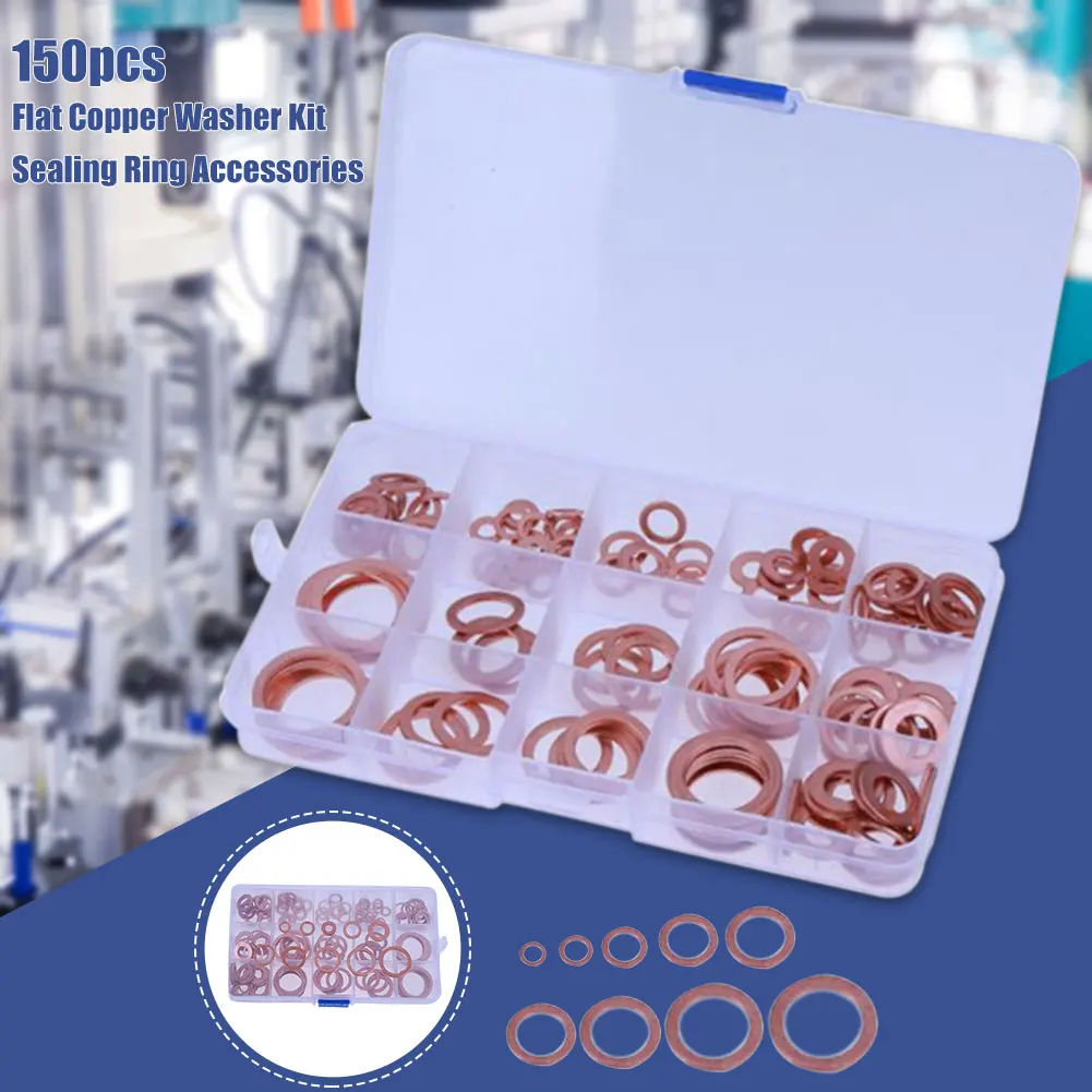 

150pcs Tool Boat Crush Gasket Accessories Flat Copper Washer Kit Fastener Assortment Sealing Ring With Box Durable Multipurpose
