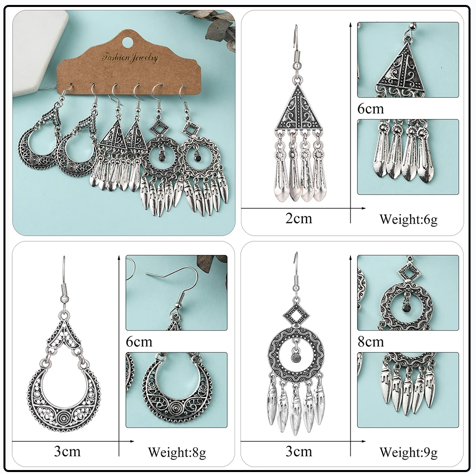 Bronze Silver Blue Ethnic Earrings Sets Jewelry Long Metal Tassel Hanging Dangling Earrings for Women (30)
