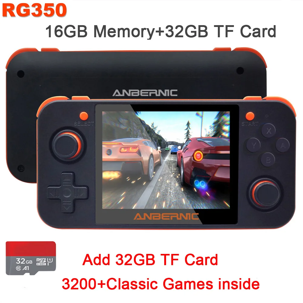 New Retro Game 350 Video Game 16GB Handheld game console MINI 64Bit 3.5 inch HD IPS Screen 32GB Card RG350 Game Player - Цвет: Black add card