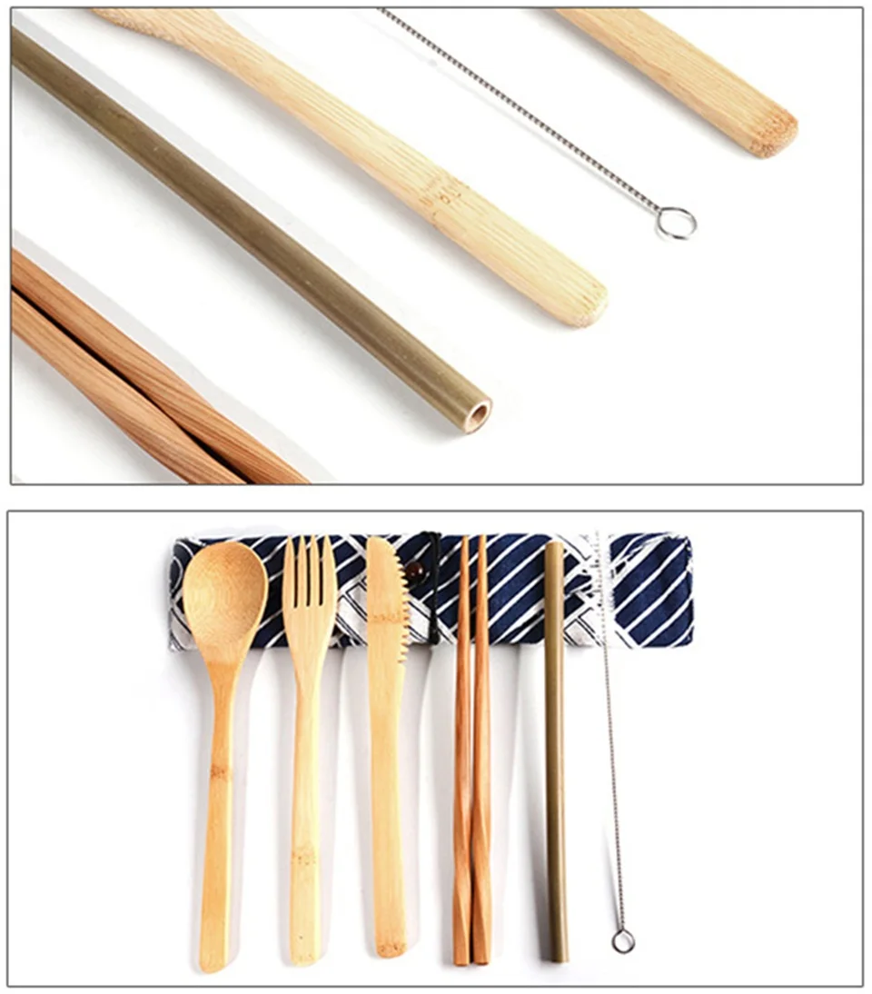 Натуральный экологический биоразлагаемый набор столовых приборов из бамбука 6 шт. набор тканевой сумки кухонные аксессуары нож+ палочки для еды+ вилка+ ложка+ солома+ щетка