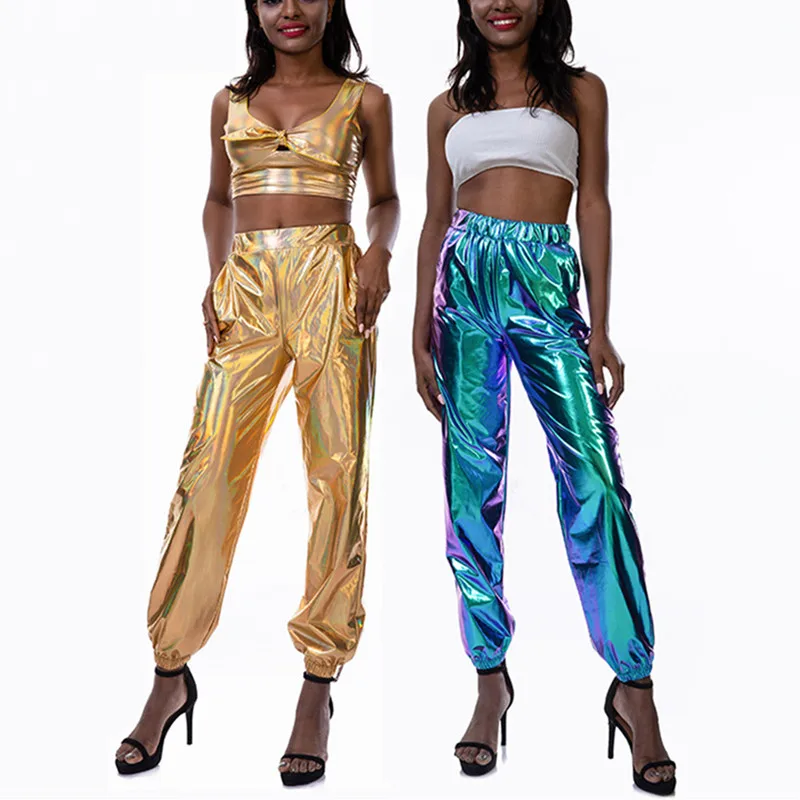 

2019 New Women Pants Casual Sports Hip-Hop Shiny Hologram Laser Color Trousers High Street Loose Harem Pants Elastic Waist Pants