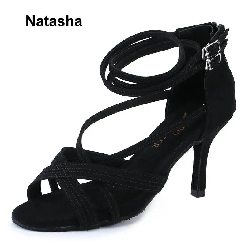 Natasha women ballroom dance shoes latin dancing shoe black high heel lace up suede sole 3.3