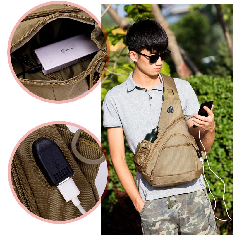 Tactical Shoulder Bag Men Outdoor Sports USB Charging Diagonal Chest Bag Camouflage Camping Travel Trekking Hiking Kettle Bag