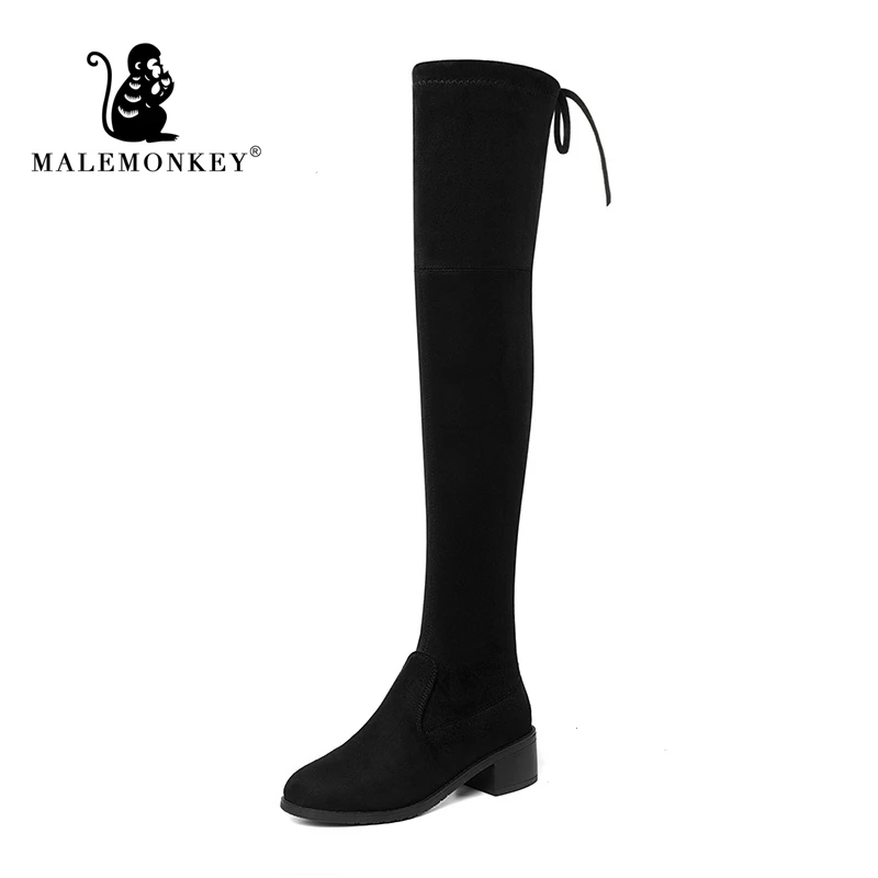 MALEMONKEY/Роскошная брендовая Дизайнерская обувь; Новинка года; модная женская обувь; Зимние Сапоги выше колена на каблуке; замшевые сапоги до бедра; женские зимние сапоги