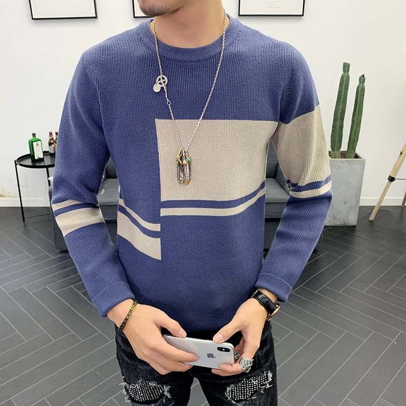 autumn new sweater men's round neck pullover Korean version of the self-cultivation trend men's color knit bottoming shirt