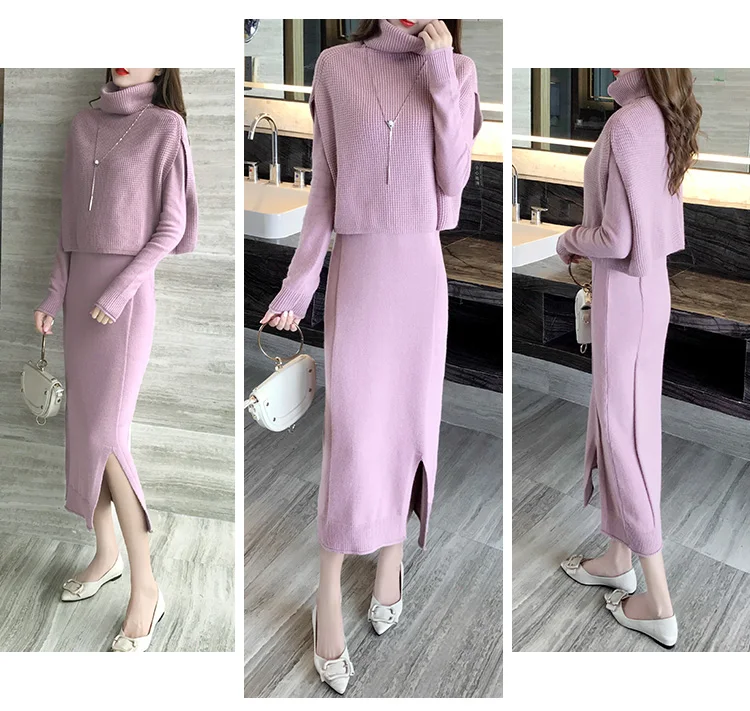 New Autumn Winter Women TURTLENECK Bottoming sweater Tops A-Line dress Knit 2 Piece Set Ladies Gothic Knitted Suit WF989