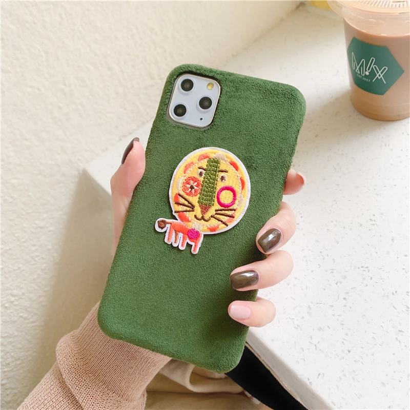 Милый Вышитый Чехол для телефона с динозавром для iphone 11 Pro Max XR XS Max 6 6s 7 8 plus задняя крышка модный тканевый мягкий чехол s - Цвет: Green