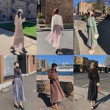 Для женщин Длинная сетчатая юбка в складку с подстежкой; сезон зима-весна; Повседневное Элегантные Блестки Тюлевая юбка Высокая Талия Для женщин модные юбки