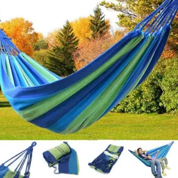 

Hanging Hammock Hammock Swing Tent Hike Outdoor Leisure Blue Stripes Double Person Picnic Explore Strong Field Survival