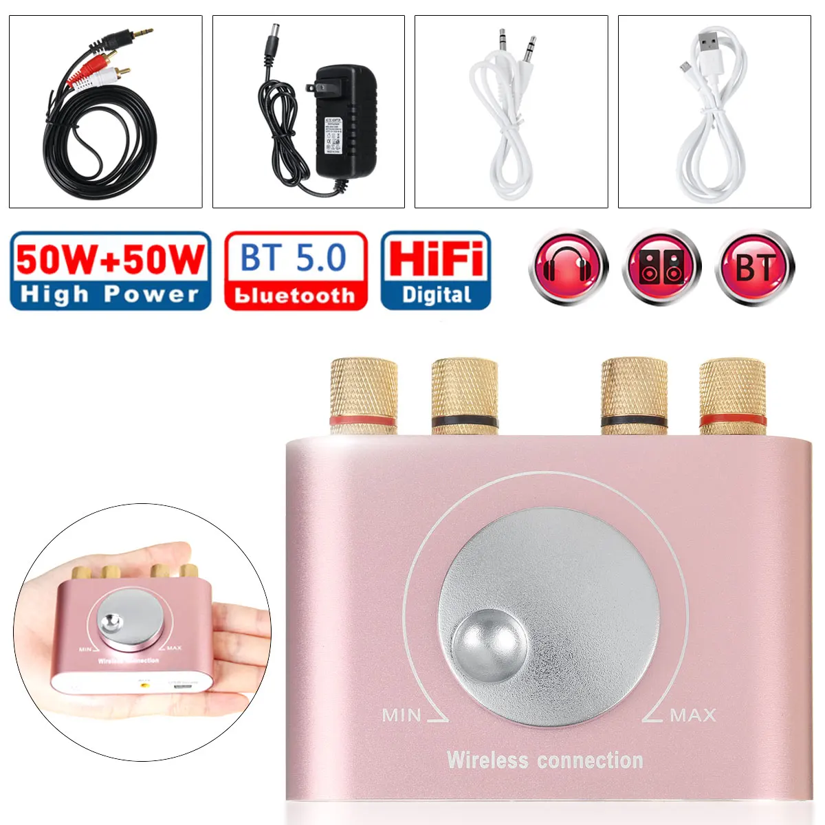 

Mini bluetooth 5.0 Digital Amplifier Hifi Stereo Wireless Audio Receiver Power Amp 50W+50W Car Sound Amplifiers +Power Supply